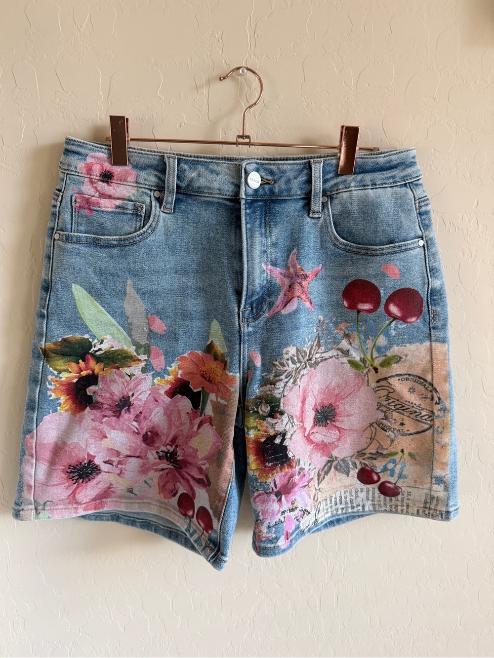 Denim Women's Bermuda Shorts Pink Floral Print Bohemian Maximalist Large